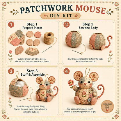 🧵🐭 Patchwork egér DIY varrókészlet – Minden, ami egy bájos foltvarrás egér elkészítéséhez kell ✂️