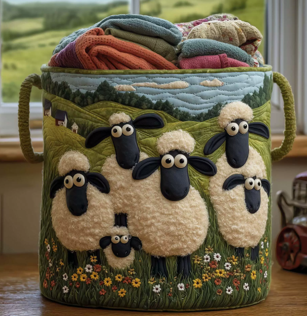🐑🍅 Kézzel varrt „Bárányparadicsom” mosókosár – Családias hangulatú tároló – Praktikus és dekoratív darab otthonába 🧺
