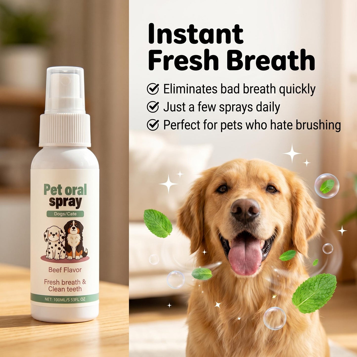 🐶 Kíméletes szájápoló spray háziállatok számára – Napi tisztítás fogmosás nélkül – Frissesség és egészséges lehelet kutyáknak és macskáknak 🐱
