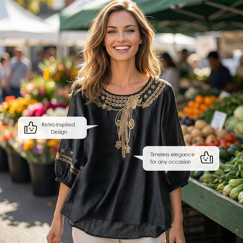 👚 Női hímzett pamut-len keverék blúz – Légáteresztő anyag, elegáns hímzéssel – Tökéletes hétköznapokra és alkalmakra