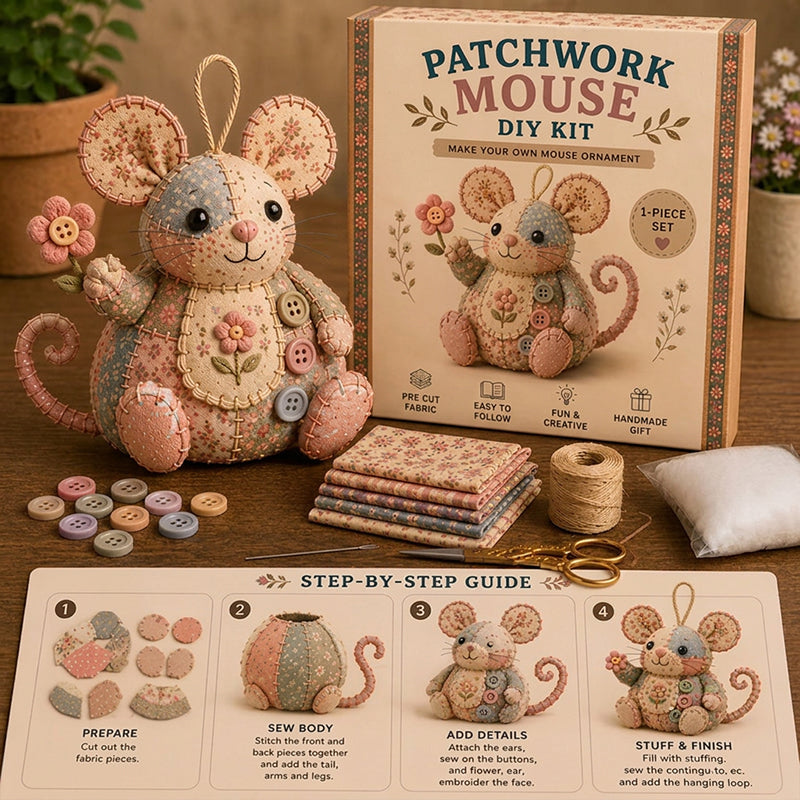🧵🐭 Patchwork egér DIY varrókészlet – Minden, ami egy bájos foltvarrás egér elkészítéséhez kell ✂️