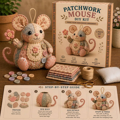 🧵🐭 Patchwork egér DIY varrókészlet – Minden, ami egy bájos foltvarrás egér elkészítéséhez kell ✂️