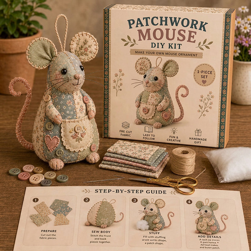 🧵🐭 Patchwork egér DIY varrókészlet – Minden, ami egy bájos foltvarrás egér elkészítéséhez kell ✂️
