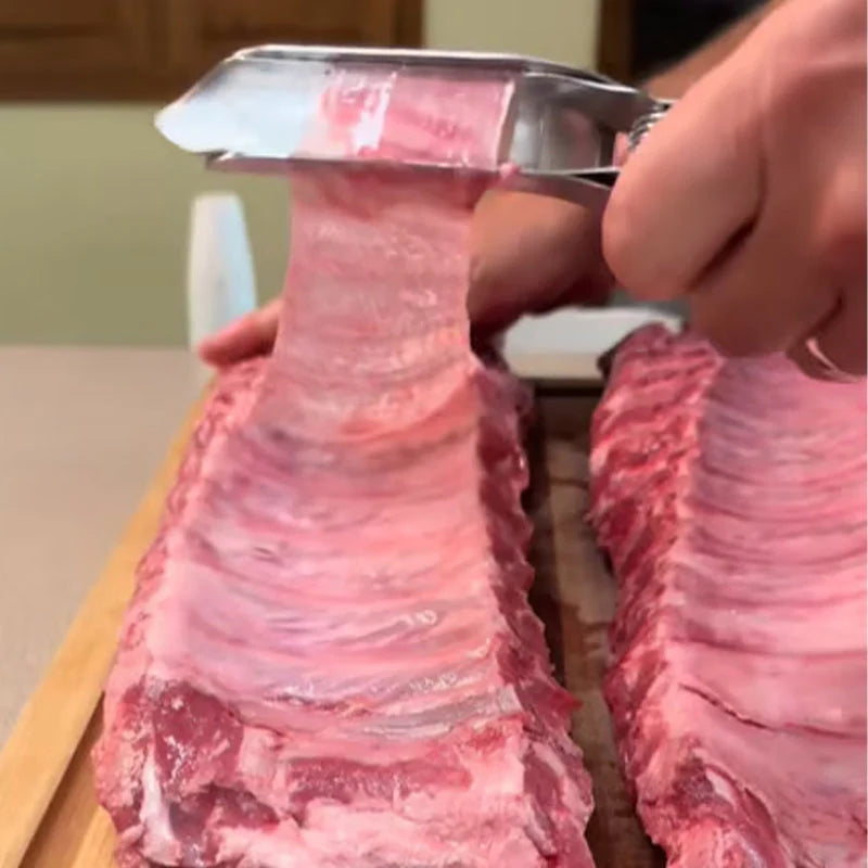 🍖 Rozsdamentes acél BBQ bordanyúzó – Csúszásmentes markolat, gyors bőrtávolítás – Hatékony kiegészítő grillezéshez, sütéshez 🔪