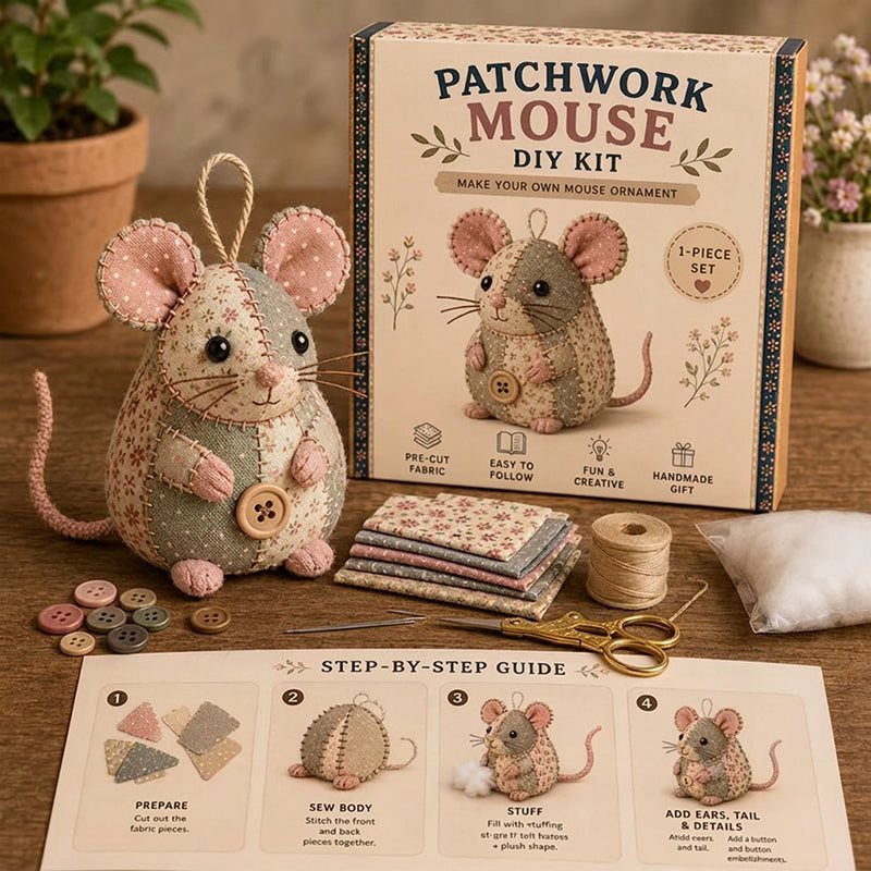 🧵🐭 Patchwork egér DIY varrókészlet – Minden, ami egy bájos foltvarrás egér elkészítéséhez kell ✂️