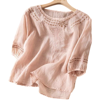 👚 Női hímzett pamut-len keverék blúz – Légáteresztő anyag, elegáns hímzéssel – Tökéletes hétköznapokra és alkalmakra