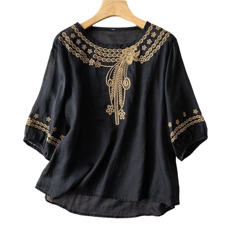 👚 Női hímzett pamut-len keverék blúz – Légáteresztő anyag, elegáns hímzéssel – Tökéletes hétköznapokra és alkalmakra