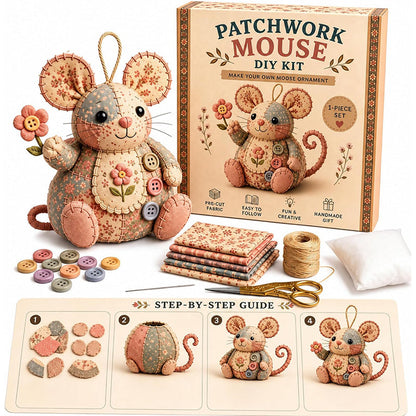 🧵🐭 Patchwork egér DIY varrókészlet – Minden, ami egy bájos foltvarrás egér elkészítéséhez kell ✂️