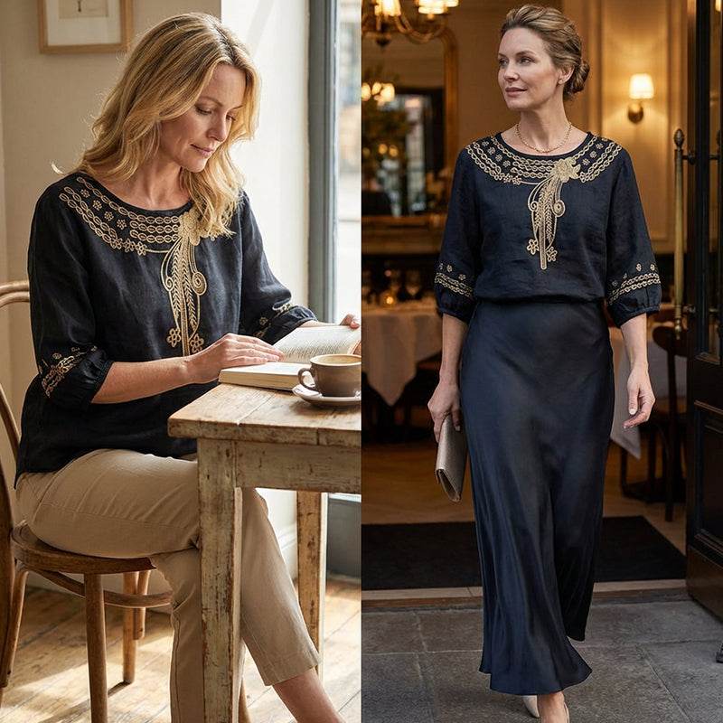👚 Női hímzett pamut-len keverék blúz – Légáteresztő anyag, elegáns hímzéssel – Tökéletes hétköznapokra és alkalmakra
