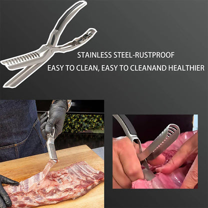 🍖 Rozsdamentes acél BBQ bordanyúzó – Csúszásmentes markolat, gyors bőrtávolítás – Hatékony kiegészítő grillezéshez, sütéshez 🔪