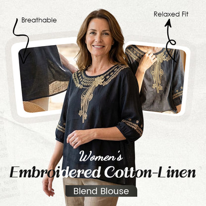 👚 Női hímzett pamut-len keverék blúz – Légáteresztő anyag, elegáns hímzéssel – Tökéletes hétköznapokra és alkalmakra