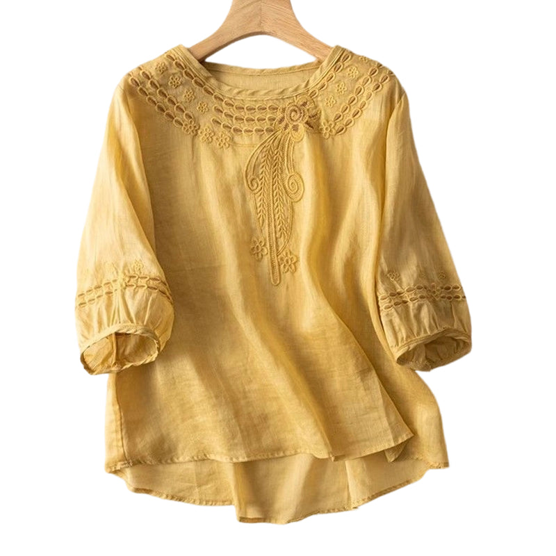 👚 Női hímzett pamut-len keverék blúz – Légáteresztő anyag, elegáns hímzéssel – Tökéletes hétköznapokra és alkalmakra