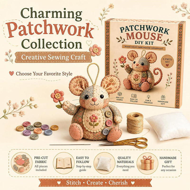 🧵🐭 Patchwork egér DIY varrókészlet – Minden, ami egy bájos foltvarrás egér elkészítéséhez kell ✂️