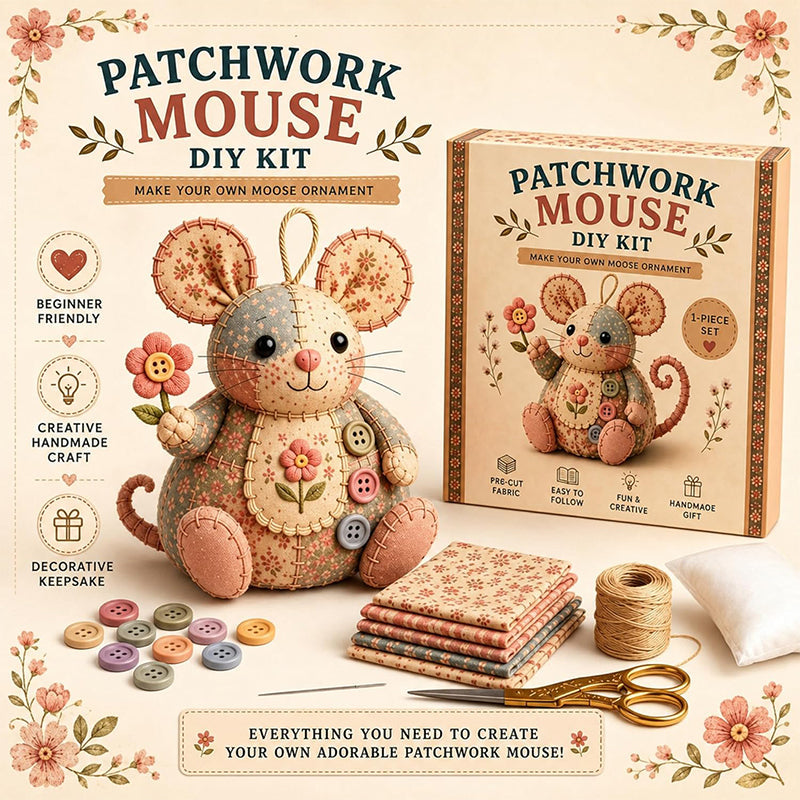 🧵🐭 Patchwork egér DIY varrókészlet – Minden, ami egy bájos foltvarrás egér elkészítéséhez kell ✂️