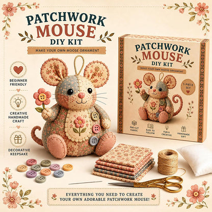 🧵🐭 Patchwork egér DIY varrókészlet – Minden, ami egy bájos foltvarrás egér elkészítéséhez kell ✂️