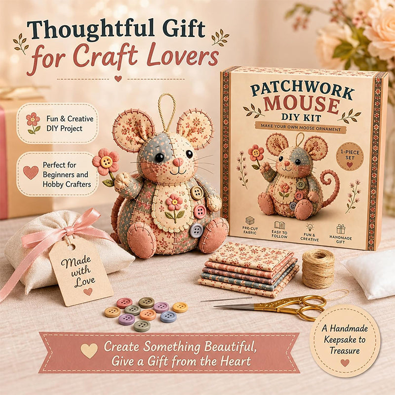 🧵🐭 Patchwork egér DIY varrókészlet – Minden, ami egy bájos foltvarrás egér elkészítéséhez kell ✂️