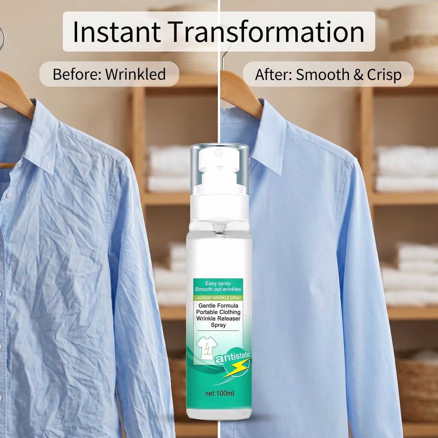 👕✨ Ránctalanító spray ruhákhoz – Kíméletes összetétel, hordozható kiszerelés – Vasalás nélkül, azonnal friss ruhák utazáshoz és otthonra 🌿💨